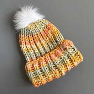 Brioche Rib Beanie, Yellow and Pink Stripes, Hand Knit Hat with Fur Pom Pom, Autumn Ribbed Hat