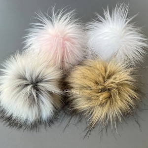 4-pack Assorted Fur Pom Poms | Handmade Faux Fur Pom Poms | For Knit and Crochet Hats and Crafts | Large Pom Poms