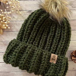Olive Green Knitted Hat with Pom Pom, Brioche Rib Beanie, Hand Knit Hat, Fur Pom Pom, Ribbed Beanie Hat