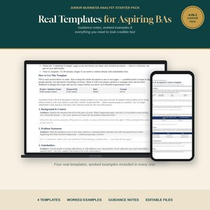 May include: A digital document display featuring the Junior Business Analyst Starter Pack with four templates, worked examples, and guidance notes. The screen shows a problem brief template with sections for background, context, and stakeholders.