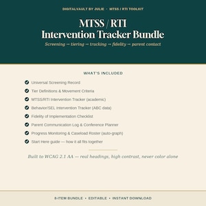 May include: A digital MTSS/RTI Intervention Tracker Bundle by DigitalVault by Julie. The document lists eight included items: Universal Screening Record, Tier Definitions, Intervention Trackers, Fidelity Checklist, and Parent Communication Log.