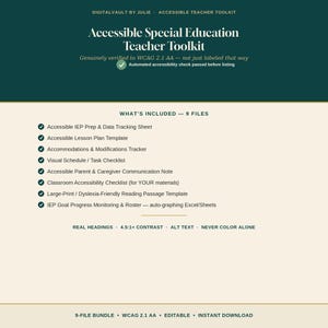 May include: A digital document bundle titled Accessible Special Education Teacher Toolkit. It lists nine included files such as an IEP prep sheet, lesson plan template, and communication notes, with text detailing WCAG 2.1 AA accessibility standards.
