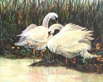 Fine Art Original 8 X 10 Oil Painting "Graceful Swans"