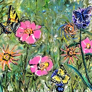Fine Art Embellished 11 X 14 Acrylic Poured Painting &quot;Butterflies in the Garden&quot;