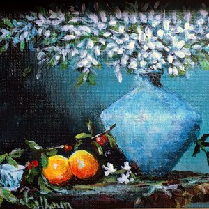 Fine Art 5 X 7 Acrylic Painting White Flowers & Oranges image 1