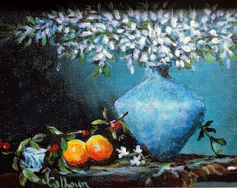 Fine Art 5 X 7 Acrylic Painting "White Flowers & Oranges"