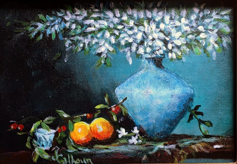 Fine Art 5 X 7 Acrylic Painting White Flowers & Oranges image 1