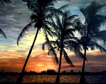 Fine Art 8 X 8 Print of my  Original Oil Painting  "Sunset Palms"