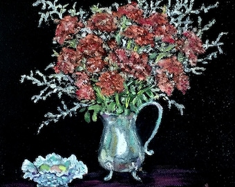 Fine art 6X6 original still life oil painting "Sedum & Silver"