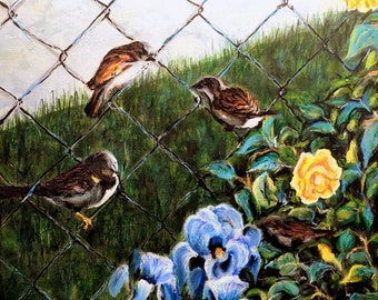 Fine Art 12 X 12 Acrylic Painting "Sparrows in my Garden"