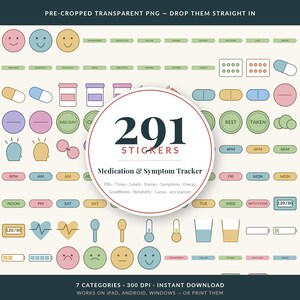 May include: A digital sticker set for medication and symptom tracking featuring 291 icons including pills, bottles, smiley faces, heart rates, thermometers, and time labels. The central circular graphic displays the text 291 STICKERS Medication & Symptom Tracker.