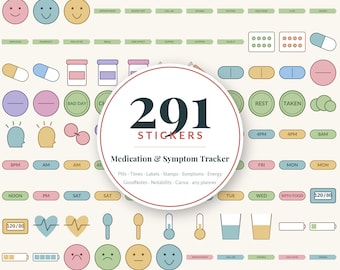 291 Medication Tracker Digital Stickers | Pill Symptom Mood Goodnotes Notability | Pre-Cropped Transparent PNG