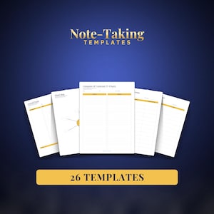 May include: A collection of white note-taking templates featuring gold accents and black text. The sheets include Cornell Notes, a Mind Map, and a Compare & Contrast T-Chart. The text Note-Taking Templates and 26 TEMPLATES is visible.