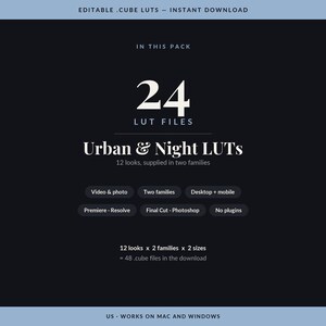 Op de afbeelding: Een digitaal productaanbod voor 24 bewerkbare .cube LUT-bestanden genaamd Urban & Night LUTs. De afbeelding bevat witte tekst op een donkere achtergrond en specificeert compatibiliteit met video, foto, desktop, mobiel, Premiere, Resolve, Final Cut en Photoshop.