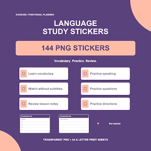 Könnte beinhalten: Ein digitales Set aus 144 Sprachlern-Stickern auf violettem Hintergrund. Der Text lautet Language Study Stickers, 144 PNG Stickers, Vocabulary. Practice. Review. Es enthält Checklisten-Boxen für Aufgaben wie Learn vocabulary und Practice speaking.