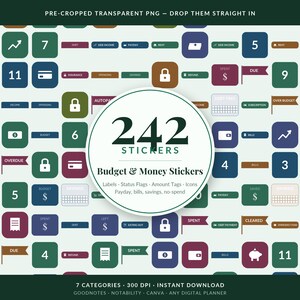May include: A collection of 242 digital budget and money stickers featuring various icons, labels, and status flags in shades of green, blue, purple, and brown. The central circular text reads 242 STICKERS Budget & Money Stickers.