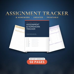 Könnte beinhalten: Ein druckbarer Aufgaben- und Hausaufgabenplaner mit einem dunkelblau-weißen Deckblatt mit dem Text Assignment & Homework Tracker. Das Set enthält 50 Seiten mit undatierten Layouts zur Nachverfolgung von Fristen, Noten und Projekten.