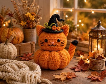 May include: A crocheted orange cat figurine with a pumpkin-shaped body, wearing a black witch hat adorned with small orange pumpkins and green vines. The cat has black button eyes, a pink nose, and black stitched whiskers and a smile.