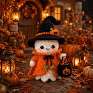 May include: A crocheted ghost figurine wearing a black witch hat with an orange band and a small pumpkin accent. The ghost wears an orange cape with a black tie and carries a black bucket featuring an orange jack-o'-lantern face design.
