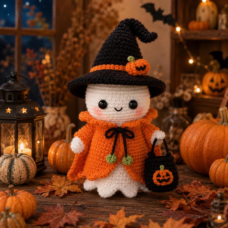 May include: A crocheted ghost figurine wearing a black witch hat with a small orange pumpkin accent and an orange cape with a black tie. The ghost has black eyes, a small smile, and holds a black trick-or-treat bucket with an orange pumpkin design.