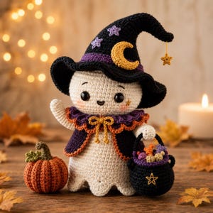 May include: A crocheted ghost figure wearing a black witch hat with a yellow crescent moon and purple stars, a purple and orange ruffled collar, and a dark vest. The ghost holds a black cauldron filled with colourful items and stands by a pumpkin.