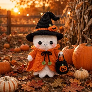 May include: A crocheted ghost figurine wearing a black witch hat with a small orange pumpkin accent and an orange cape with a black tie. The ghost has black eyes, pink cheeks, and holds a small black trick-or-treat bucket with a pumpkin design.
