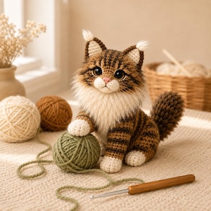 May include: A crocheted brown and white tabby cat figurine with large dark eyes, pointed ears with tufts, and a fluffy chest. The cat sits with one paw resting on a green yarn ball, accompanied by a wooden crochet hook and other yarn balls.