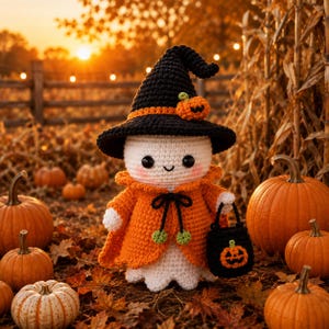 May include: A white crocheted ghost doll wearing a black pointed witch hat with an orange band and a small pumpkin accent. The ghost wears an orange cape with a black tie and carries a small black bucket featuring an orange jack-o'-lantern face.