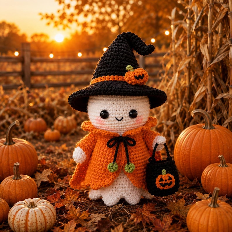 May include: A white crocheted ghost doll wearing a black pointed witch hat with an orange band and a small pumpkin accent. The ghost wears an orange cape with a black tie and carries a small black bucket featuring an orange jack-o'-lantern face.
