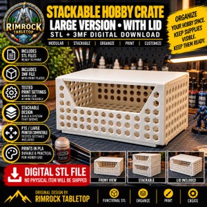 Puede incluir: Una caja de almacenamiento apilable blanca de forma rectangular con un diseño lateral de panal y una parte frontal abierta. La caja incluye una tapa plana y está diseñada para descarga digital de archivos STL y 3MF.