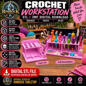 May include: A pink 3D-printed crochet workstation organiser with multiple holes for hooks and tools. The image displays text including CROCHET WORKSTATION, STL + 3MF DIGITAL DOWNLOAD, ORGANIZE, CREATE, ENJOY, and digital file information.