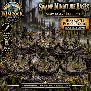 May include: A set of six 50mm round swamp miniature bases featuring hand-painted textures of dark tree stumps, murky water, and mossy terrain. The product is labeled as Swamp Miniature Bases, 6 Piece Set, and Hand Painted Physical Product.