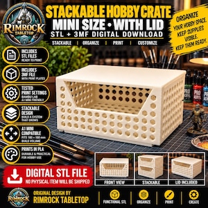 Puede incluir: Una caja de almacenamiento apilable de color crema, rectangular, con un diseño lateral de patrón de panal y una tapa. Esta descarga digital incluye archivos STL y 3MF para impresión 3D, diseñados para un volumen de 180 x 180 mm, con apertura frontal.
