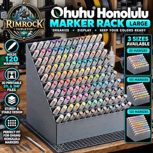 May include: A grey, tiered marker rack designed for Ohuhu Honolulu markers, featuring a slanted grid structure that holds 120 markers. The rack displays text including Ohuhu Honolulu Marker Rack Large, 3 Sizes Available, and 3D Printable STL & 3MF Files.