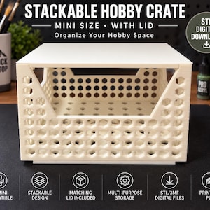 May include: A white, stackable, mini-sized hobby crate with a lid and a hexagonal grid pattern on the sides. The crate features text that reads STACKABLE HOBBY CRATE, MINI SIZE, WITH LID, and Organize Your Hobby Space, along with digital file icons.