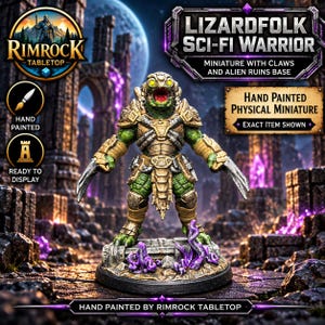 Lizardfolk Sci-Fi Warrior Miniature with Claws and Alien Ruins Base for Tabletop Wargames