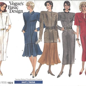 May include: A sewing pattern for four different dress designs. The pattern is called "Vogue's Basic Design" and the pattern number is 1924. The pattern is rated "Easy/Facile".