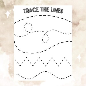 May include: A white educational worksheet with the black text TRACE THE LINES at the top. The page features various black dashed line patterns for practice, including a large arc, a looping wave, a sharp zigzag, and a gentle wavy line.