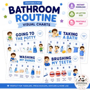 Op de afbeelding: Een set printbare PDF-visuele schema's voor de badkamerroutine met cartoonillustraties voor naar het toilet gaan, in bad gaan, handen wassen en tanden poetsen. Elk schema bevat genummerde stappen, tekstinstructies en een stickergedeelte.