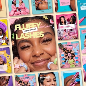 May include: A collage of social media graphics featuring close-up portraits of individuals with eyelash extensions, colorful rings, and text overlays including Fluffy Lashes, Effortless Vibes, Soft Bold Lashes, and New Client.