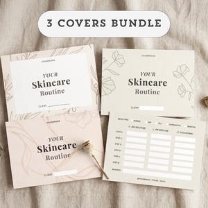 Könnte beinhalten: Ein Bündel aus drei rechteckigen Hautpflege-Routinekarten mit floralen Linienzeichnungen. Die Karten enthalten den Text '3 COVERS BUNDLE' und 'YOUR Skincare Routine' sowie leere Felder für Kundennamen, Hauttypen und tägliche Pflegeschritte.