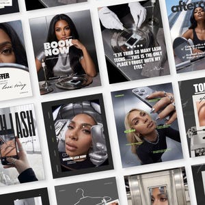 Może przedstawiać: Kolaż grafik promocyjnych do mediów społecznościowych przedstawiający zbliżenia twarzy, napisy takie jak 'SPECIAL OFFER', 'BOOK NOW', 'FRESH LASH' i 'TODAY'S SPOTLIGHT' oraz zdjęcia narzędzi kosmetycznych i aplikacji sztucznych rzęs.