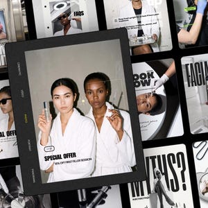 May include: A digital collage of multiple images featuring individuals in white robes and medical settings, with text overlays including "SPECIAL OFFER 15% OFF FIRST FILLER SESSION," "FAQS," "FACIAL GLOW," and "MYTHS?" showcasing cosmetic procedures.