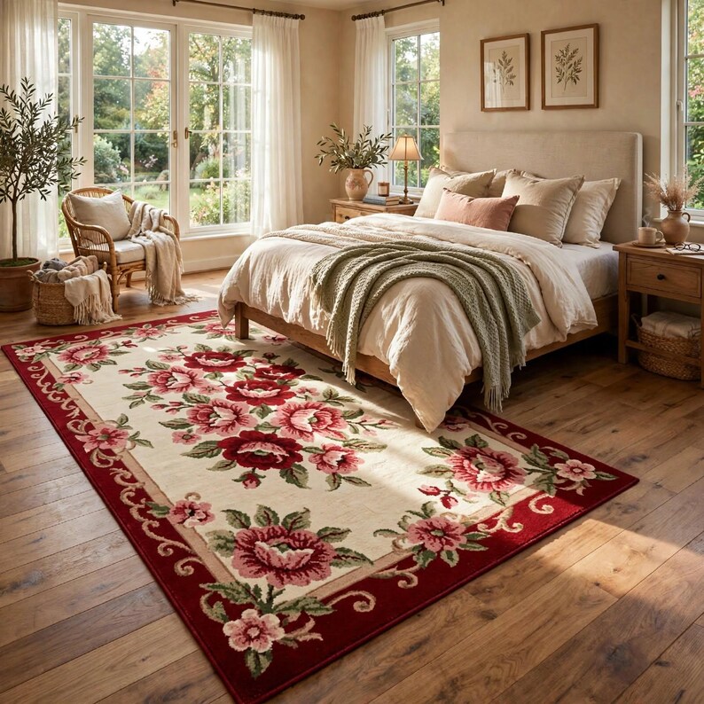 Classic Rug Pattern Background Hand Tufted Floral Wool Area Rug – Vintage Red Rose Botanical Rug ...