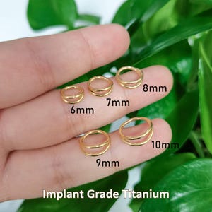 May include: Five gold-colored double-hoop rings made of implant grade titanium, arranged in sizes labeled 6mm, 7mm, 8mm, 9mm, and 10mm. Each ring features a dual-wire design, showcasing a polished metallic finish and consistent circular shape.
