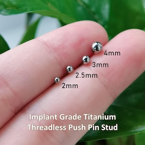 Può includere: Quattro borchie sferiche color argento realizzate in titanio di grado implantare. Le borchie sono disposte per dimensione, etichettate 2mm, 2.5mm, 3mm e 4mm. Il testo Implant Grade Titanium Threadless Push Pin Stud è stampato in basso.