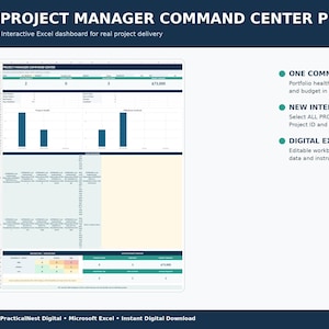 May include: A digital Project Manager Command Center Pro Excel dashboard featuring a dark blue header with white text, a spreadsheet interface with bar charts, project status tables, and a sidebar listing features like One Command Center and New Interactive View.