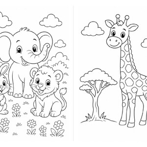 以下が含まれることがあります： 左側に花畑に立つ漫画風のウサギ、ゾウ、ライオンの子供、右側に雲の下で木の横に立つ背の高いキリンが描かれた、白黒の塗り絵ページ。線画で構成された動物たちのイラストが左右に分かれて配置されています。