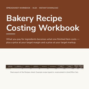 May include: A digital Bakery Recipe Costing Workbook spreadsheet file with a brown header featuring white text. The document includes a table for calculating ingredient costs, margins, and markups for finished bakery items.