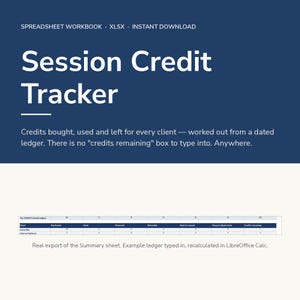 May include: A digital spreadsheet workbook titled Session Credit Tracker. The dark blue header displays text about an instant download. Below, a table shows client data including purchased, used, and remaining credits in a ledger format.